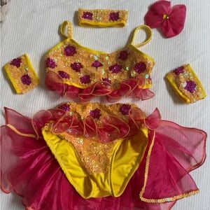 Glamour Yellow and Pink Dance Costume with Ruffled Layers